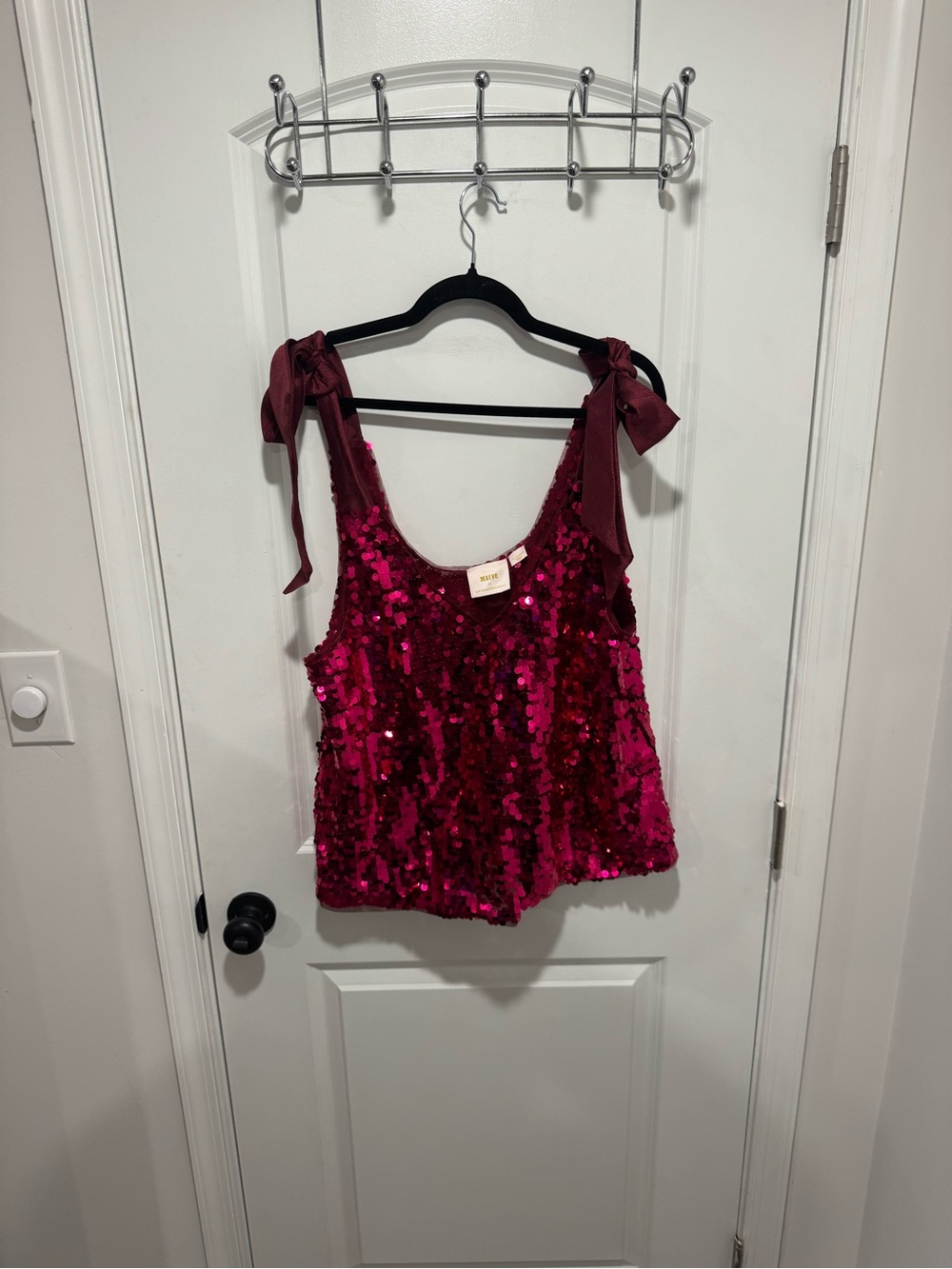 Anthropologie Hot Pink Sequin Tie-Shoulder Tank